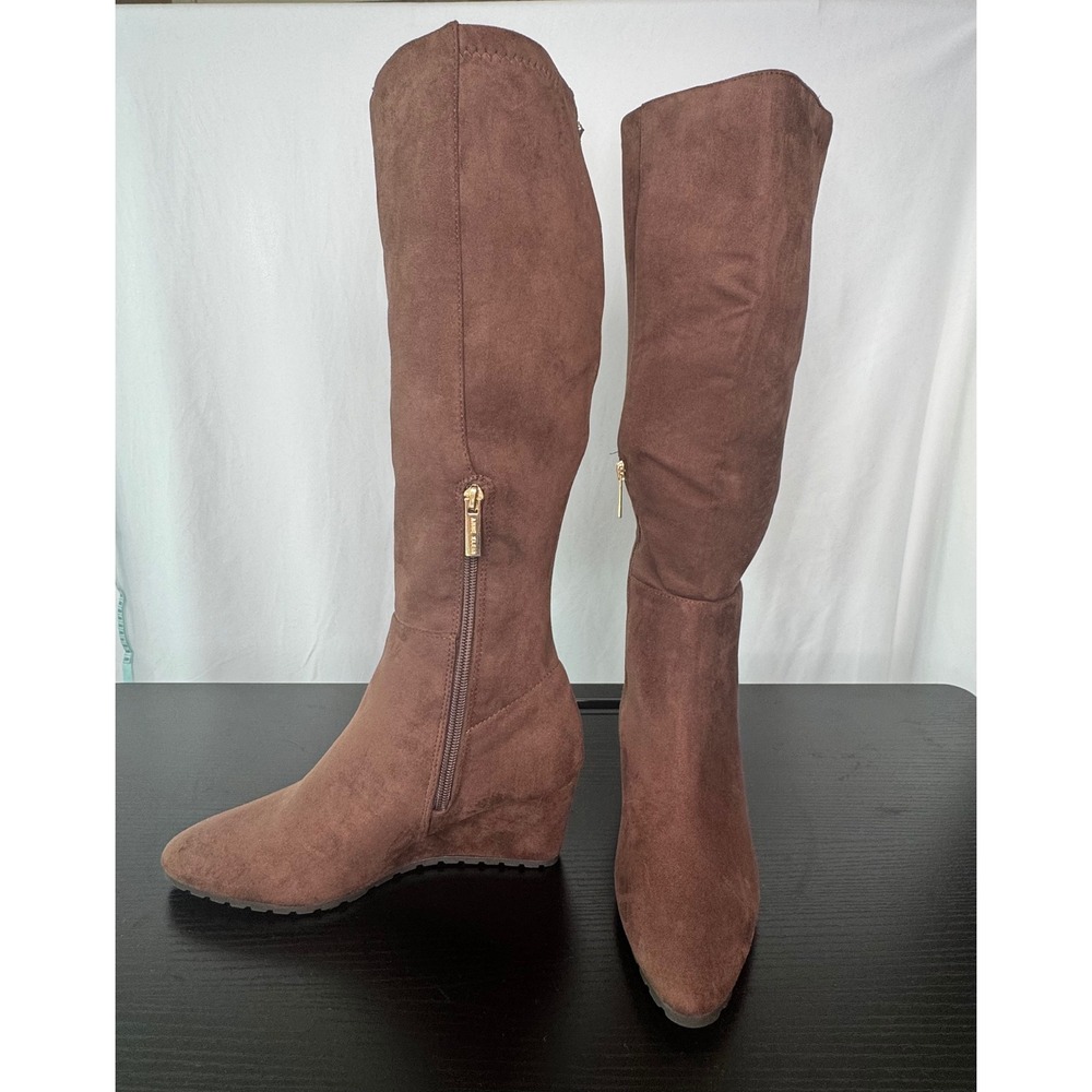 Anne Klein Kennedy Brown Faux Suede Knee High Wedge Boots NWOT